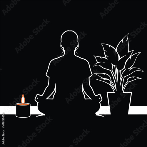Mindful Meditation Silhouette of Serenity with Candle and Plant