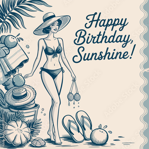 Happy Birthday Sunshine greeting with woman in bikini and beach items summer vacation