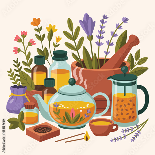 Herbal Infusion and Aromatherapy Still Life with Teapot and Oils Keywords: herbal infusion
