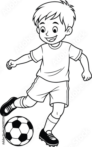 Joyful young boy enthusiastically kicking a soccer ball during a game