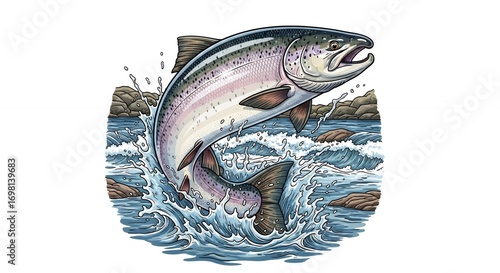 Large Rainbow Trout Leaping Out of Water in Rocky Stream with Splash and Rocks