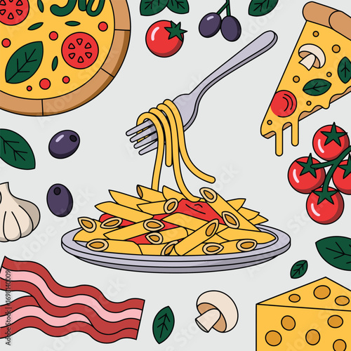 Italian food collage with pizza, pasta, cheese, bacon, and ingredients penne