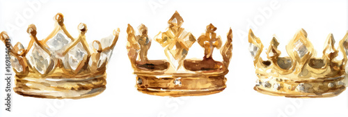 set of golden crown watercolor clipart, vector illustration. Banner