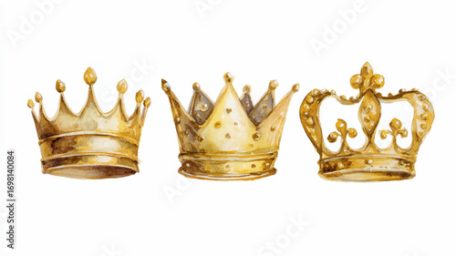 set of golden crown watercolor clipart, vector illustration.