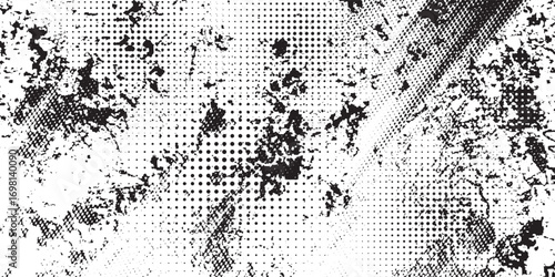 Grunge black and white vector. Abstract futuristic texture pattern. Dark messy dust overlay distress background. Create abstract dotted, scratched, vintage effect