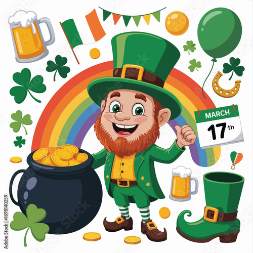 Leprechaun with pot of gold rainbow and St Patricks Day symbols Keywords: leprechaun, St Patricks