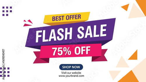 Flash sale announcement with 75% off and a shop now button, perfect for retail promotions.