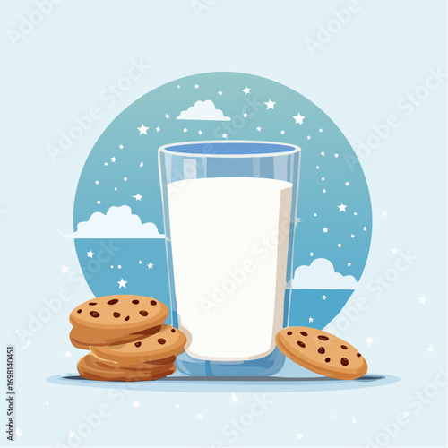 Glass Of Milk With Chocolate Chip Cookies On Blue Background