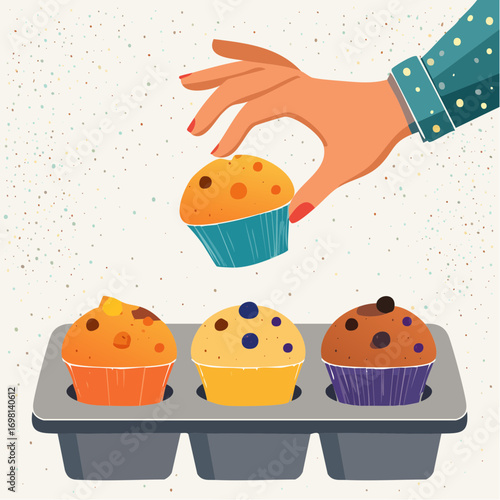 Hand Picking Up A Muffin From A Tray of Freshly Baked Muffins