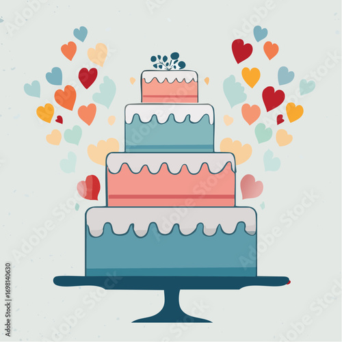 Four Tier Wedding Cake With Colorful Hearts On Light Blue Background