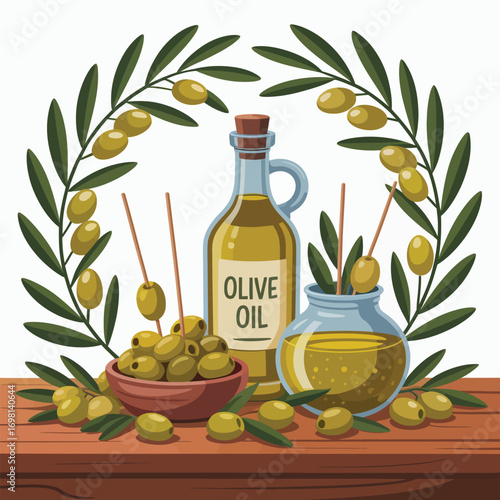 Olive oil bottle and jar with olives and olive branches on a wooden surface Keywords: olive oil
