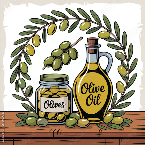 Olive oil bottle and jar of olives framed by olive branches on wood Keywords: olive oil, olives