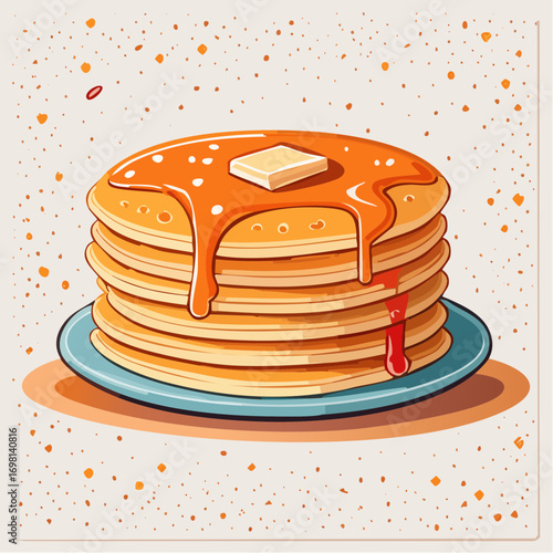 Stack of Pancakes with Syrup and Butter on Blue Plate
