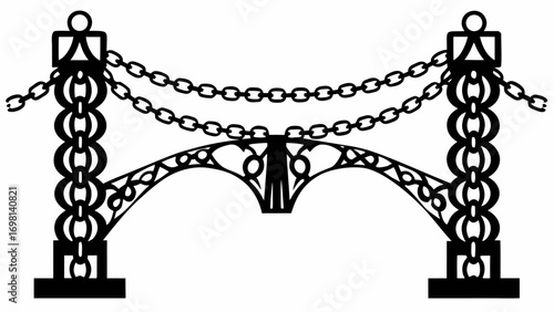 Decorative wrought iron archway with hanging chains and ornate posts in a black and white illustration silhouette