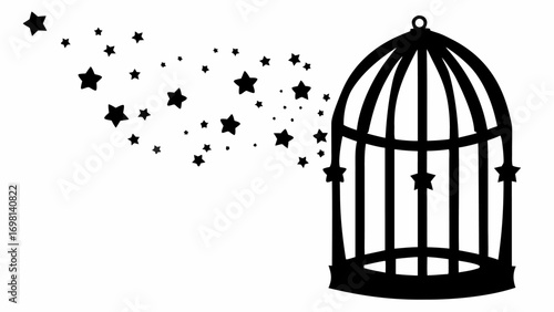 Silhouette of a birdcage with stars escaping and floating away to the left side of the composition