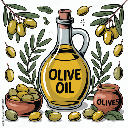 Olive oil bottle with olives and branches on white background Keywords: olive oil, olives