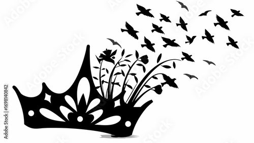 Silhouette of a crown filled with flowers and birds flying away in a scattered formation design