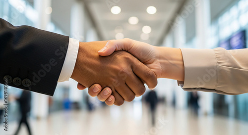 Professional business handshake between diverse partners in a modern lobby