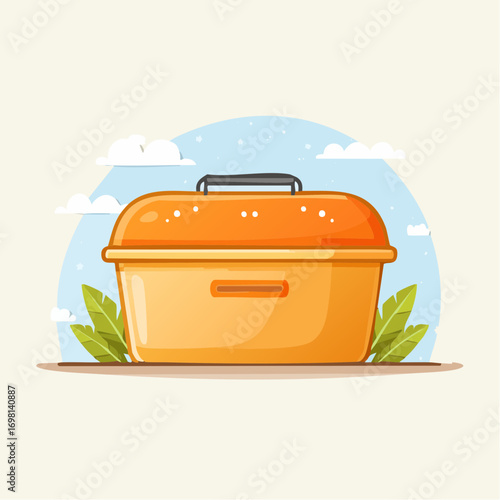 Orange Food Storage Container With Handle On Ground With Clouds