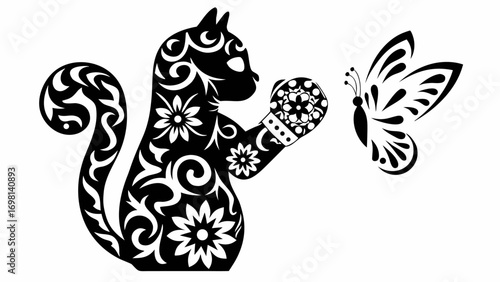A decorative black cat silhouette wearing a boxing glove facing a stylized butterfly illustration art