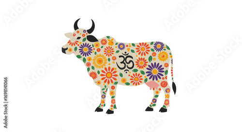 A cow adorned with colorful flowers and the Om symbol