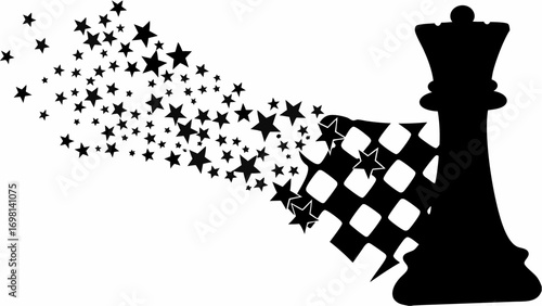 A black chess queen with a checkered pattern and stars fading away in the upper left corner design silhouette