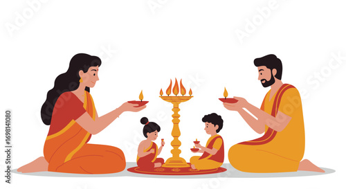 Family lighting diyas around a lamp for a religious ritual