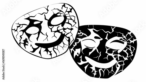 Two stylized masks with cracked patterns one in black and white and the other inverted in black and white silhouette
