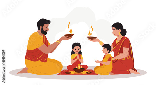A family celebrates with diyas and prayer