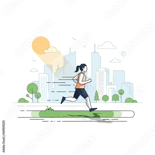 Urban fitness concept illustration of a woman jogging in a city park during a sunny morning.