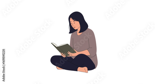 A woman sits crosslegged reading a book
