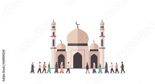 Mosque with people walking in front
