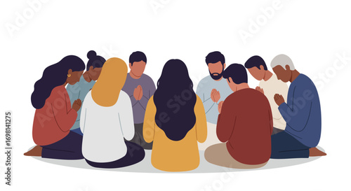 Diverse group of people sitting in a circle praying with hands clasped