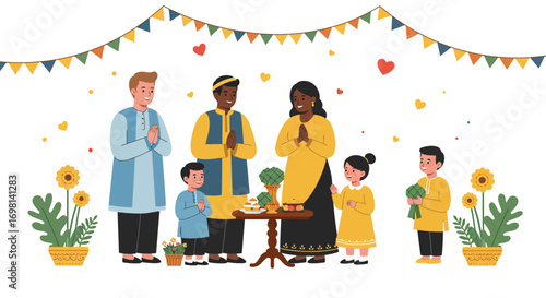 A family celebrates with festive decorations and offerings
