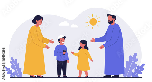 A family of four two parents and two children dressed in traditional attire