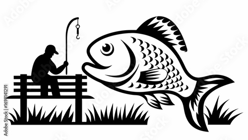 Silhouette of a fisherman sitting on a bench with a fishing rod next to a large stylized fish design