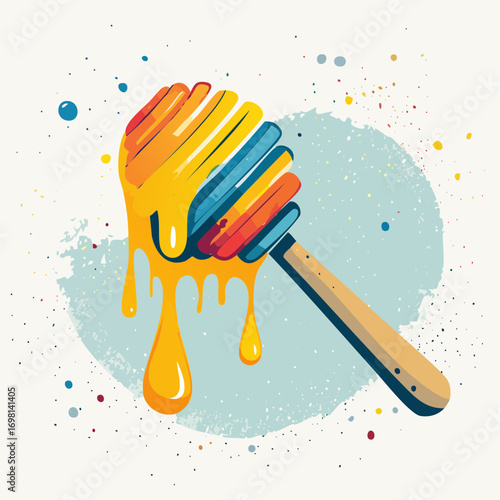 Rainbow Honey Dipper with Dripping Honey on Blue Background