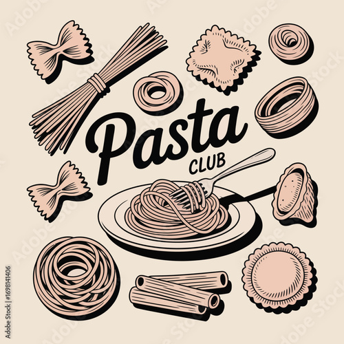 Pasta Club Illustration with Various Pasta Shapes and Utensils Keywords: pasta, food, italian