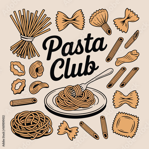 Pasta Club Typography with Assorted Pasta Shapes and Utensils Keywords: pasta, club, typography