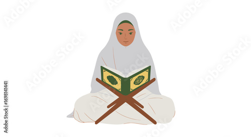 A woman in a hijab sits crosslegged reading a book on a stand