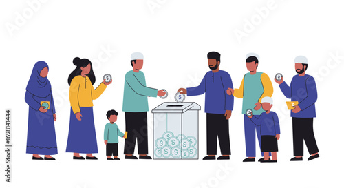 People depositing coins in a donation box symbolizing charity