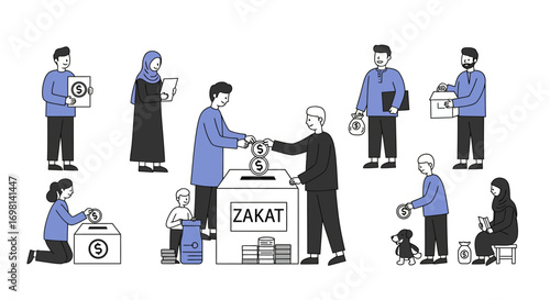 People giving alms to a charity box labeled ZAKAT