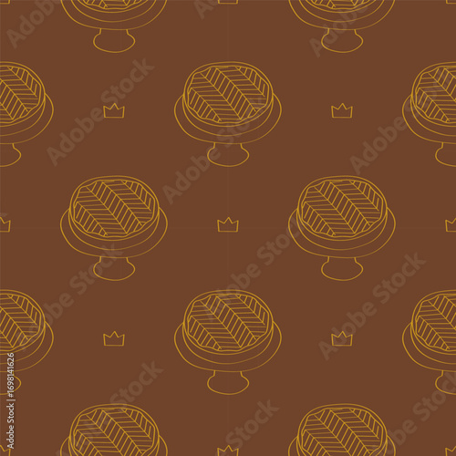 Seamless pattern featuring Epiphany french king cake or galette des rois and crown. Vector design repeating endlessly, ideal for holiday packaging and Christmas-themed backgrounds.