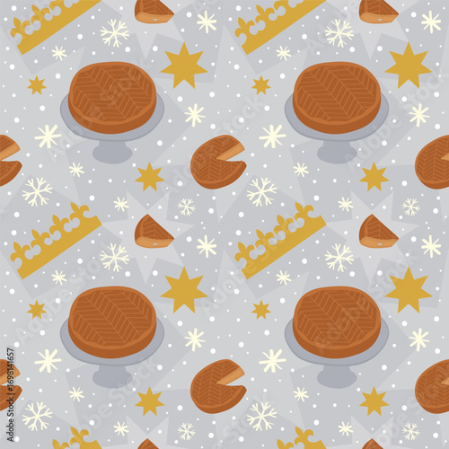 Seamless pattern featuring epiphany illustration for french king cake or galette des rois, crown, snowflakes and stars. Endless design ideal for holiday packaging and Christmas-themed backgrounds.