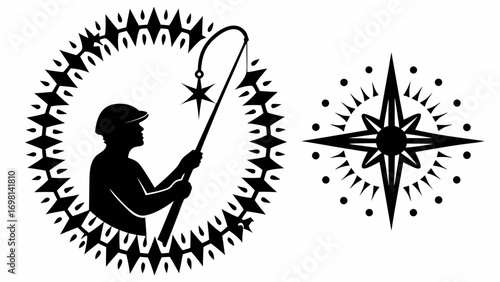 Silhouette of a man fishing for a star within a patterned circle next to a starburst design element