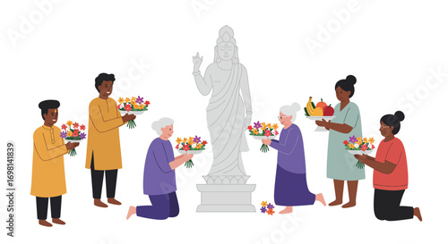 People offer flowers and fruit to a statue