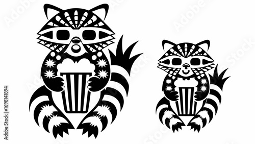 Two stylized raccoons holding popcorn buckets in black and white vector illustration design art image silhouette