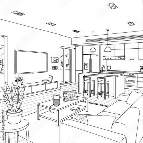 Concept illustration of a modern smart home interior with open plan living room and kitchen.