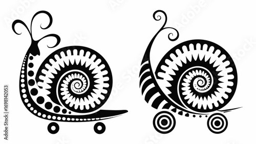 Two snails with decorative shells and antennae rolling on skateboards in a black and white illustration silhouette