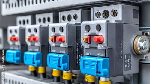 Electrical relays controlling industrial automation process showing red buttons and blue levers